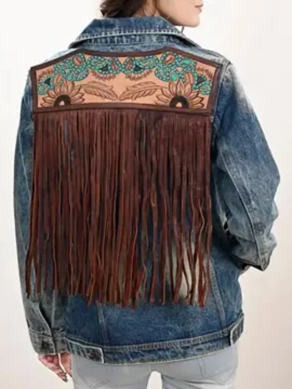 Western Denim Jacket with Tooled Sunflower Yoke & Turquoise Feather Fringe large - Picture 1 of 5